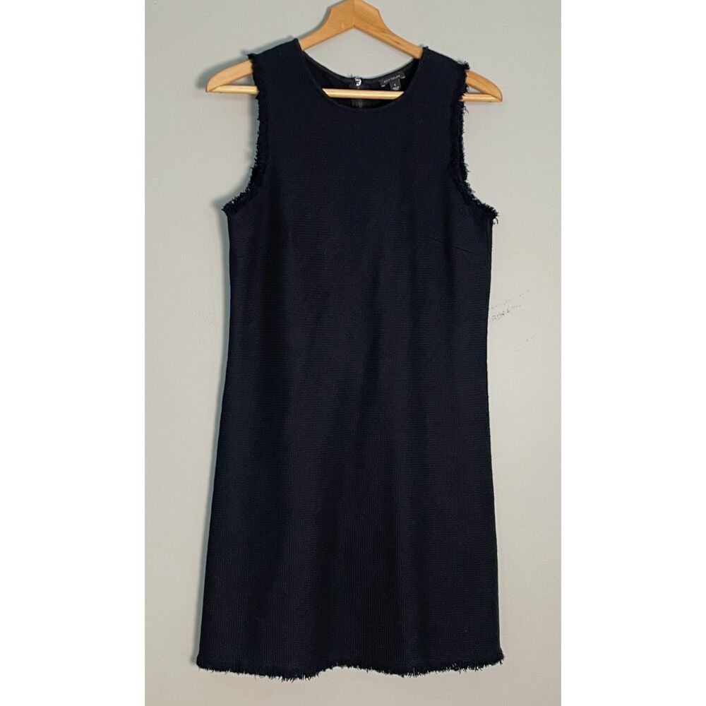Ann Taylor Black Tweed Frayed Trim Sleeveless Shift Dress Size 8 Lined